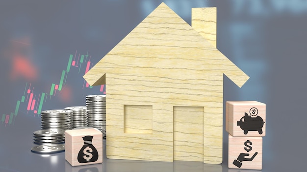 Drewniany symbol domu i biznesu na sześcianie dla koncepcji nieruchomości lub nieruchomości renderowania 3d