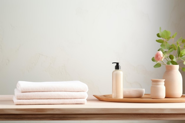 Drewniany talerz z ręcznikami i pustym obszarem na tekst lub obrazy na niewyraźnym tle łazienki