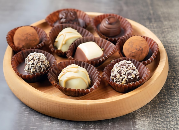Drewniany talerz z zdrowym rzemiosłem naturalne cukierki i mini czekolady Słodkie jedzenie zdrowy deser