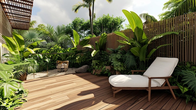 Drewniany taras z krzesłami w tropikalnym ogrodzie Ai Generative