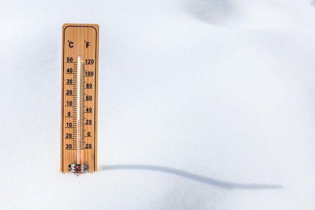 Drewniany termometr stojący na śniegu, pokazujący niską temperaturę, po prawej stronie miejsce na tekst. Koncepcja nadchodząca zima.