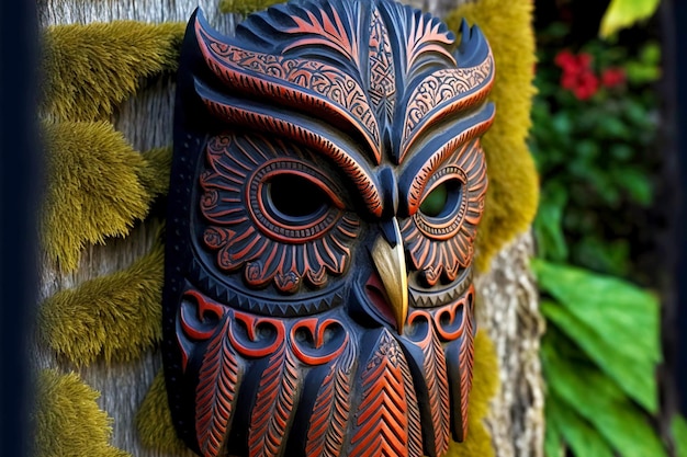 Drewniany Totem Indyjskiej Sowy Z Ozdobną Maską Tiki