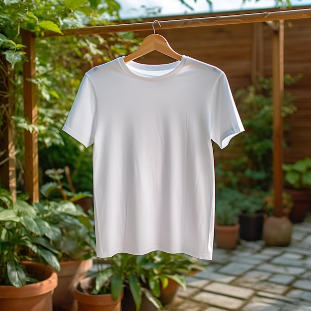 Drewniany wieszak z pustą białą koszulką wiszącą na zewnątrz w ogrodzie