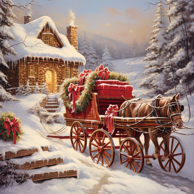 drewniany wózek z wieńcem świątecznym z przodu i słowami "Wesołych Świąt" z przodu