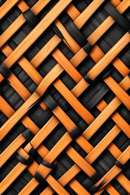 Drewniany wzór tkacki z bambusa z czarnymi i pomarańczowymi paskami z bambusa, wzór z drewna, tło z wicku
