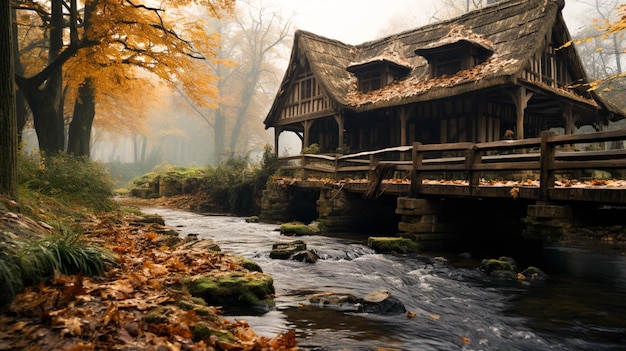 Zdjęcie drewniany zadaszony most nad rzeką