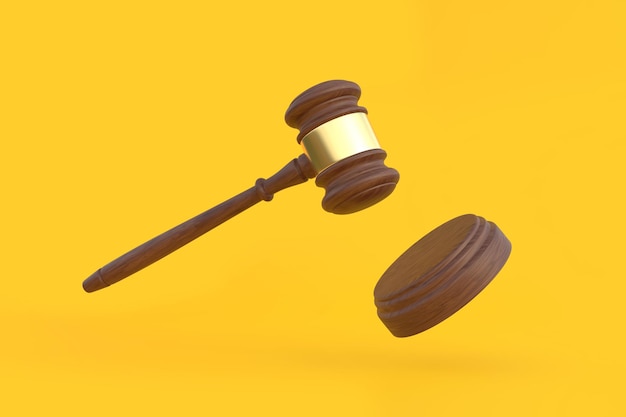 Drewno Młotek sędziowski na żółtym tle Płatność za edukację prawniczą Licytacja na aukcjach Renderowanie 3D