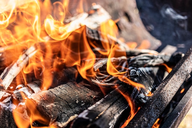 Drewno na opał w grillu. Odpoczywaj na łonie natury. Gorące węgle. Ognisko.