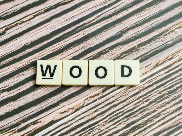 Zdjęcie drewno tekstowe wykonane z kwadratowych liter na drewnianym tle.