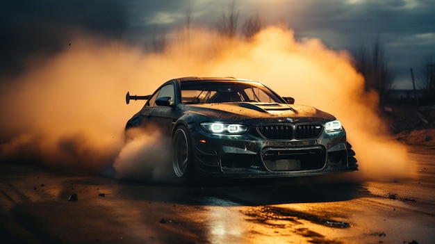Drift samochodu Niewyraźny obraz wyścigowego samochodu driftowego z dużą ilością dymu ze spalania opon przy dużej prędkości