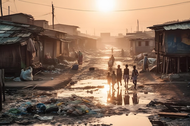 Droga brudna na ulicy w Afryce dzieci idą siecią neuronową wygenerowaną przez sztuczną inteligencję