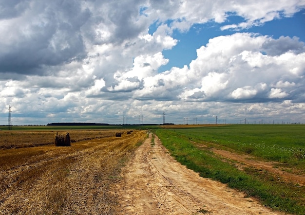 Zdjęcie droga brudna pośród pola rolniczego na tle nieba