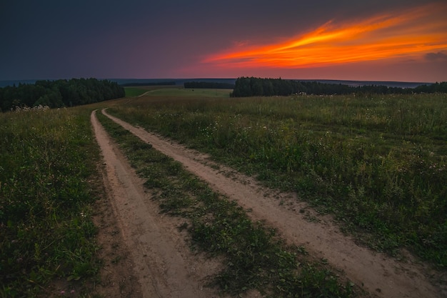 Zdjęcie droga ciągnąca się w oddali na zielonym polu o zachodzie słońca