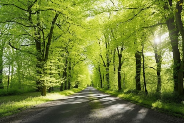 Droga do lasu jest obsadzona drzewami i świeci słońce.