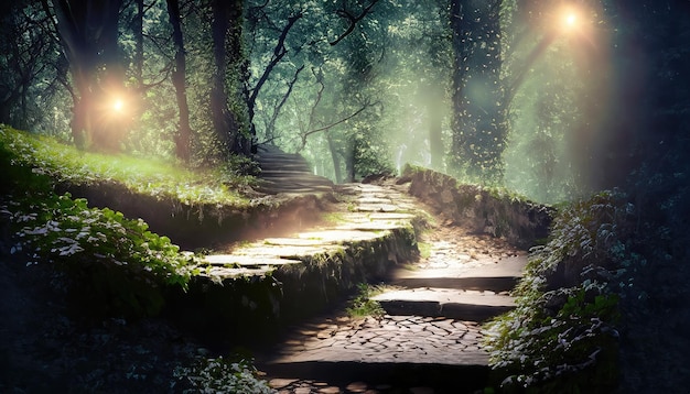 Droga i kamienne schody w magicznym i tajemniczym ciemnym lesie z mistycznym światłem słońca i świetliki