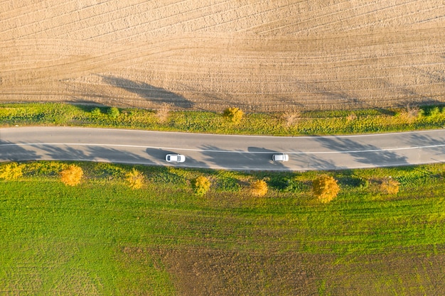 Droga między zielonym polem a ziemią uprawną z żółtymi drzewami o zachodzie słońca jesienią dwoma samochodami. Widok z lotu ptaka na asfaltowym żużlu lub drzewo alei.