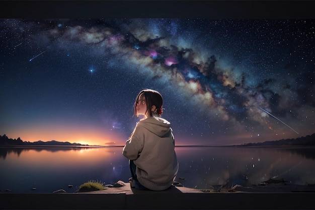 Zdjęcie droga mleczna romantyczne nocne niebo pełne gwiazd dziewczyna patrząca na rozgwieżdżone niebo tęskni za tobą