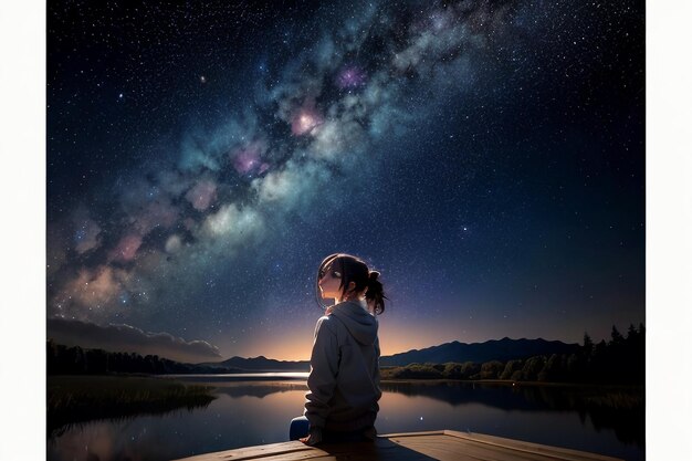 Zdjęcie droga mleczna romantyczne nocne niebo pełne gwiazd dziewczyna patrząca na rozgwieżdżone niebo tęskni za tobą