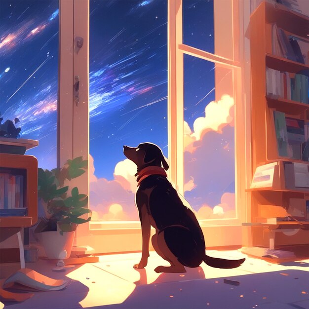 Droga Mleczna się rozprzestrzenia, deszcz meteorów pada, a pies go obserwuje.