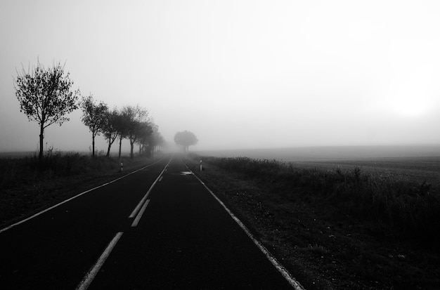 Zdjęcie droga pośrodku pola na tle nieba w mglistą pogodę