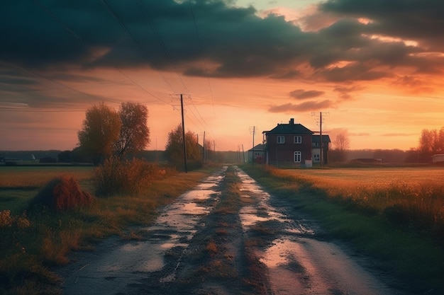 Droga prowadząca do domu z czerwonym niebem i świecącym słońcem.