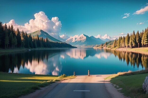 Droga prowadząca do jeziora z górami w tle