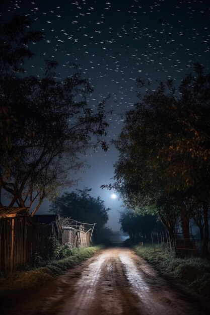 Droga prowadząca do wioski z księżycem na niebie