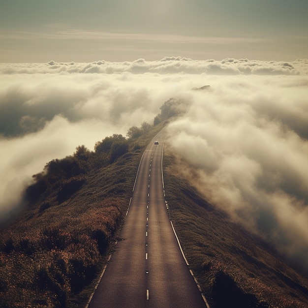 Droga prowadząca w chmury, po której jedzie samochód.