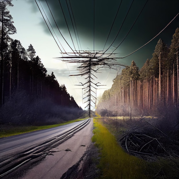Zdjęcie droga przechodząca przez las na tle zerwania linii energetycznej