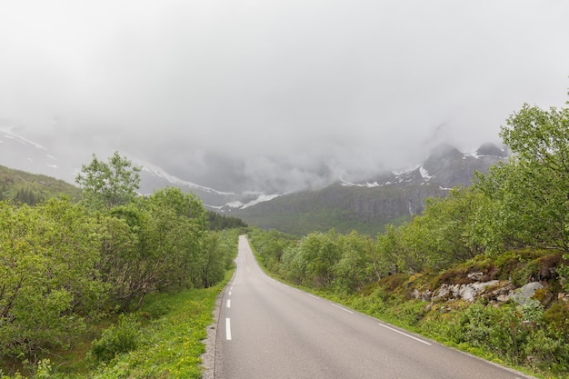 Droga przechodzi przez dolinę między górami w Norwegii