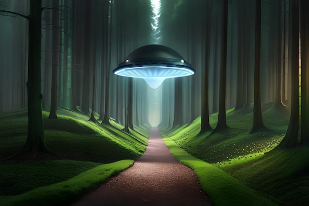 Droga w lesie z latającym nad nią ufo.