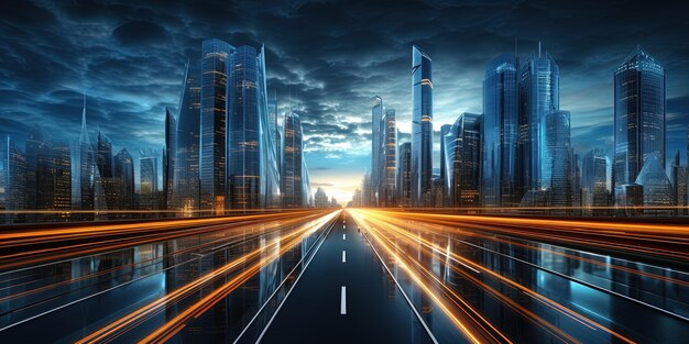 Droga w mieście z drapaczami chmur i światłami drogowymi dla samochodów