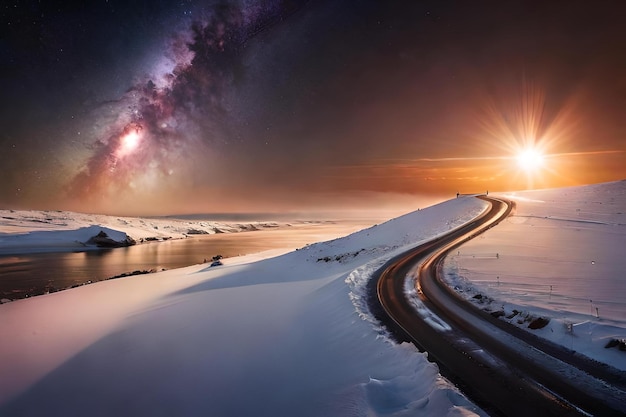 Droga w śniegu z zachodem słońca