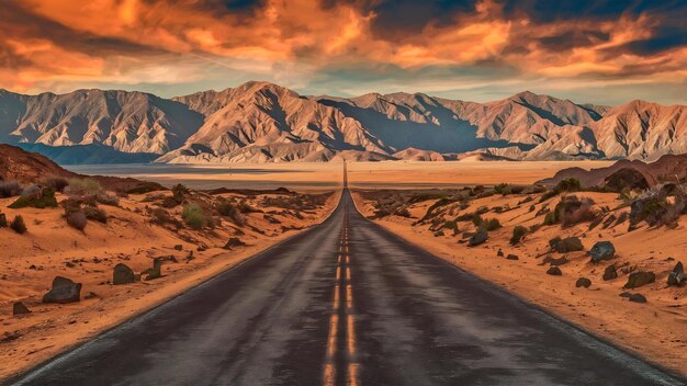 Droga w środku pustyni z wspaniałymi górami w Kalifornii
