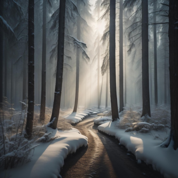 Zdjęcie droga w zimowym lesie z pokrytymi śniegiem drzewami i droga z pokrytą śniegiem ścieżką.