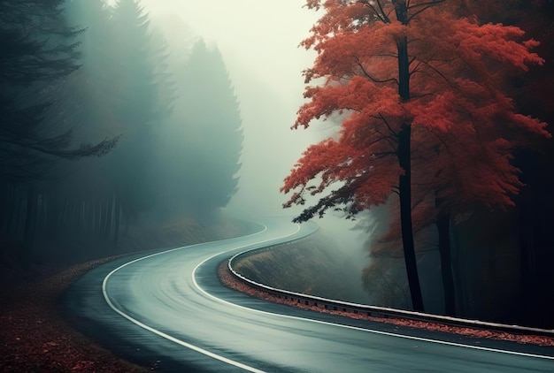 droga wije się jesienią między drzewami, otacza ją mgła w stylu Heinera Luepke
