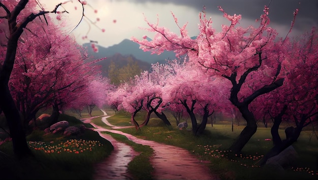 Droga wyłożona różowymi wiśniami pośrodku lasu.
