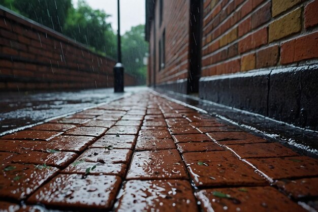 Zdjęcie droga z cegły pokryta deszczem