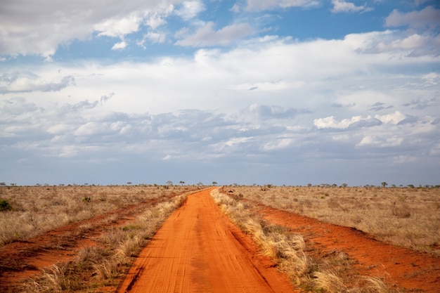 Droga z czerwonej gleby, błękitne niebo z chmurami, sceneria Kenii