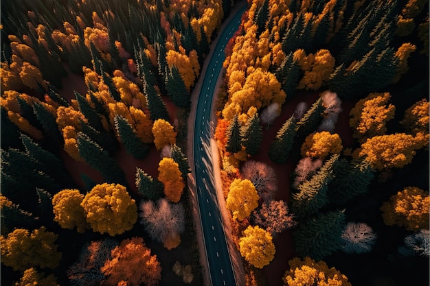 Droga z pięknym lasem w jesiennych kolorach po obu stronach Drone Aerial Photo Generative AI