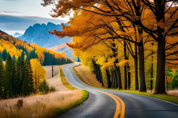 Droga z żółtą linią z napisem „jesień” na boku.
