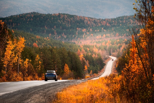 Droga z żółtymi drzewami w jesiennych górach Samochód jeżdżący po asfaltowej drodze