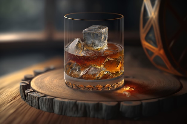 Drogi luksusowy napój alkoholowy w szkle z kostkami lodu stojącymi na drewnianej platformie zbliżenie Whisky koniak lub rum Generative AI