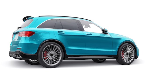 Drogi ultraszybki sportowy samochód SUV do ekscytującej jazdy po mieście na autostradzie i torze wyścigowym Model 3D niebieskiego samochodu na białym tle renderowania 3d