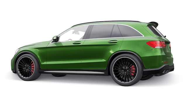 Drogi ultraszybki sportowy samochód SUV do ekscytującej jazdy po mieście na autostradzie i torze wyścigowym Model 3D zielonego samochodu na białym tle renderowania 3d