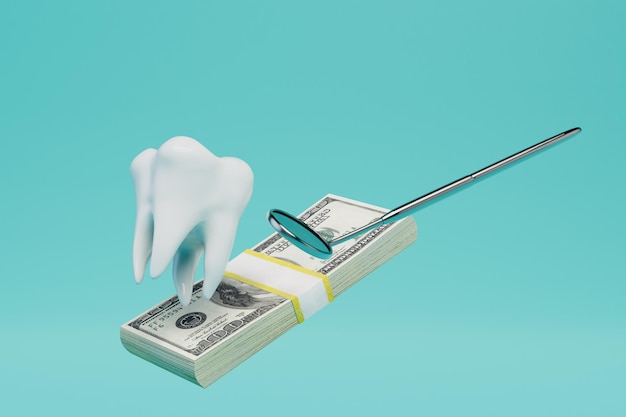 Drogie usługi dentystyczne ząb wziernik dentystyczny i zwitek dolarów na niebieskim tle