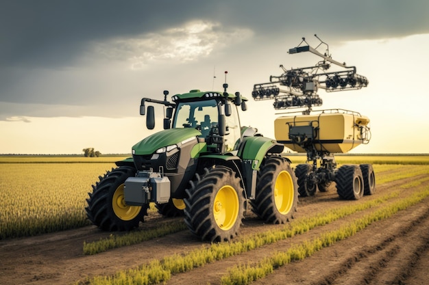 Dron agronoma nad polem ze sprzętem rolniczym i ciągnikiem