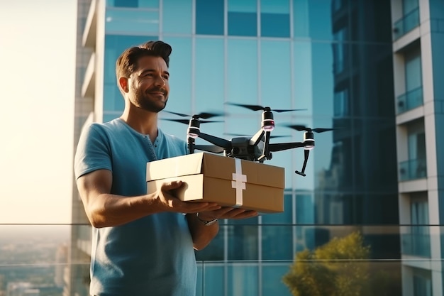 Dron dostarcza pudełko mężczyźnie. Nowoczesna technologia i informacja w Internecie, zakupy i transport pudełek za pomocą gadżetów