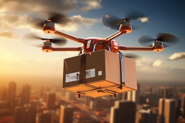 Dron dostarczający paczkę w mieście o zachodzie słońca renderowania 3d