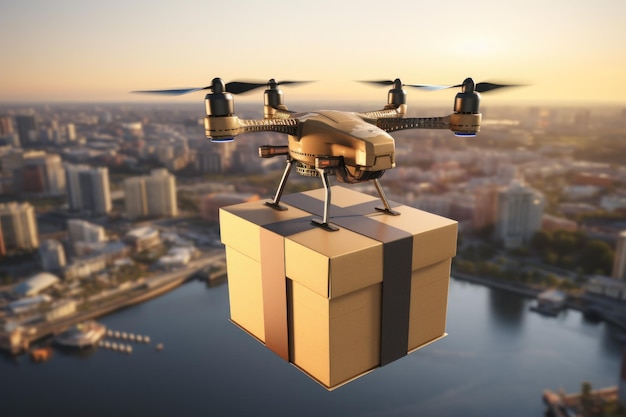 Dron dostawczy Autonomiczny robot dostawczy Koncepcja biznesowego transportu lotniczego Generatywna sztuczna inteligencja